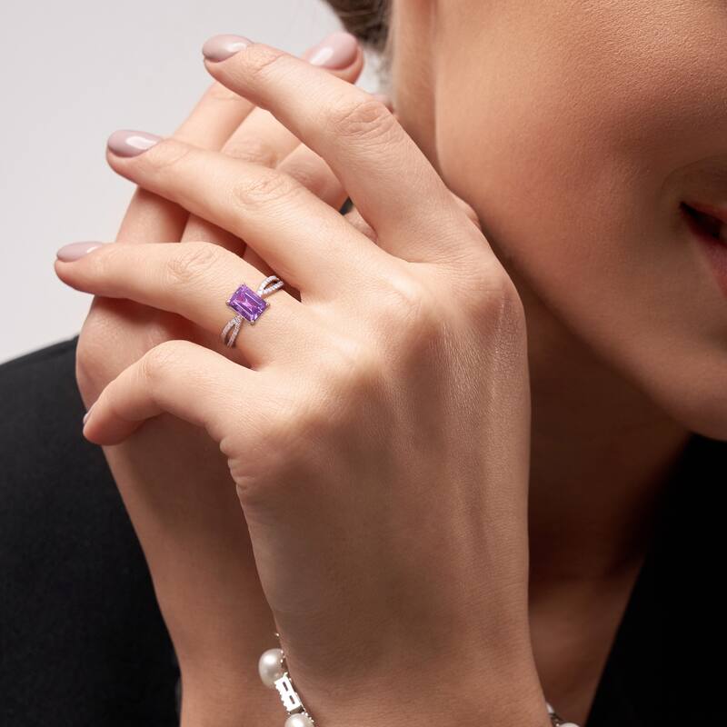 Miadora Octagon-cut Amethyst and 1/5ct TDW Diamond Split Shank Cocktail Ring in 14k Rose Gold