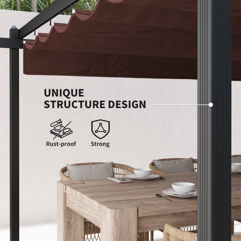 Brown Retractable Canopy Pergola with Aluminum Frame and 180g Polyester Fabric UPF 30 Plus for Patio Garden