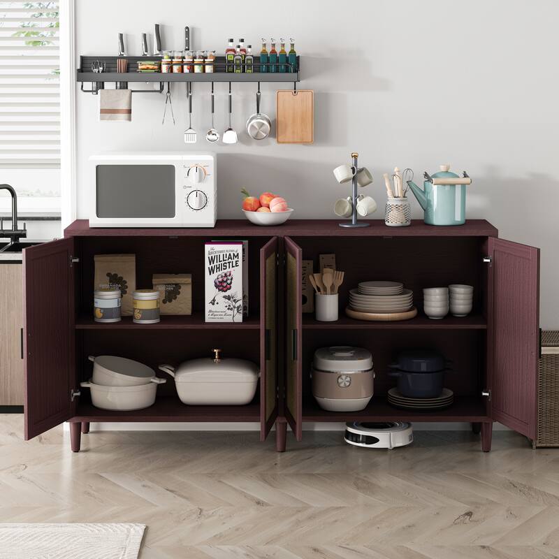70" Rattan Buffet Cabinet with Storage, 4-Door Sideboard Buffet Cabinet with Adjustable Shelves,Easy Assembly