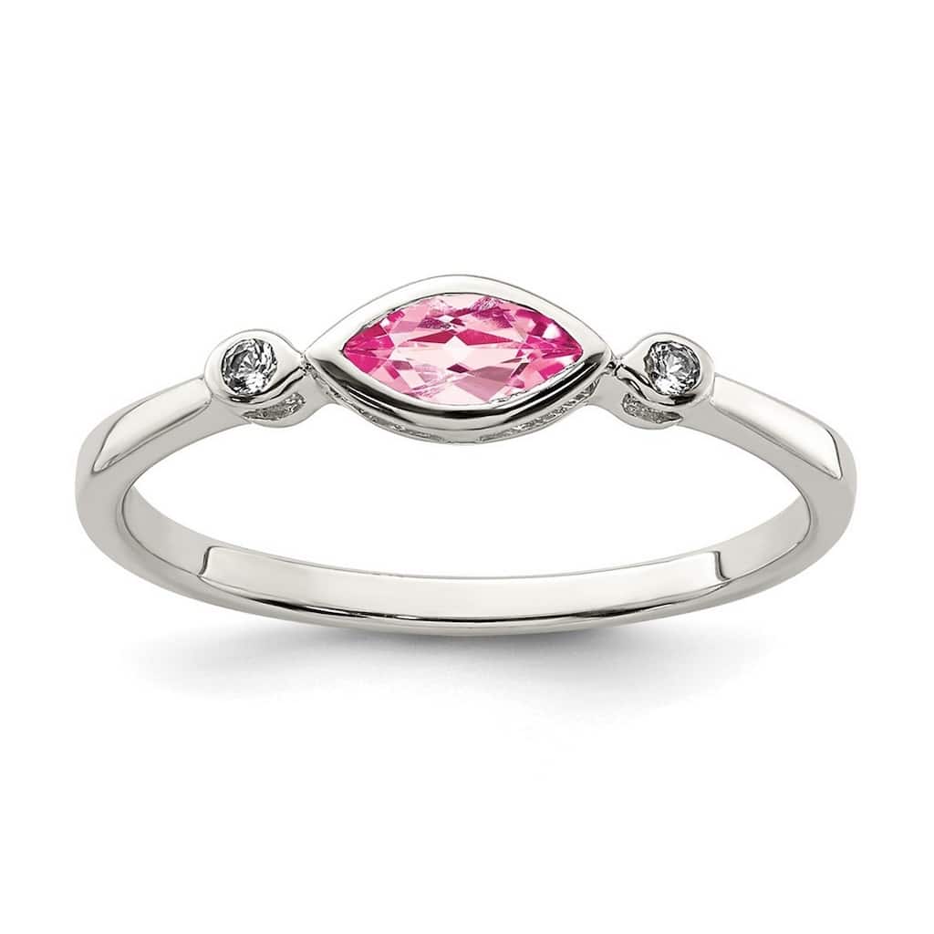 Curata 925 Sterling Silver Polished Pink Tourmaline and White Topaz Ring