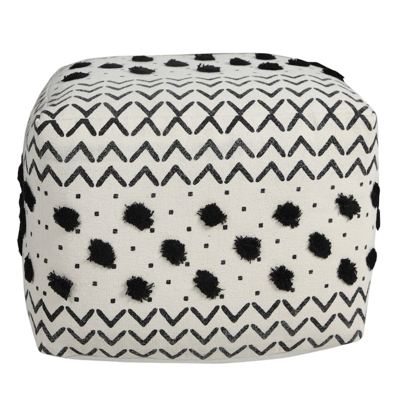 18 Inch White Cotton Chevron Pouf Ottoman for Living Room or Bedroom
