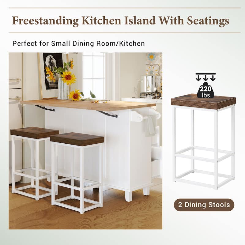Farmhouse Kitchen Island Set with Folding Boards, 2 Seats, 4 Drawer Storage and Towel Rack, for Kitchen, White+Rustic Brown