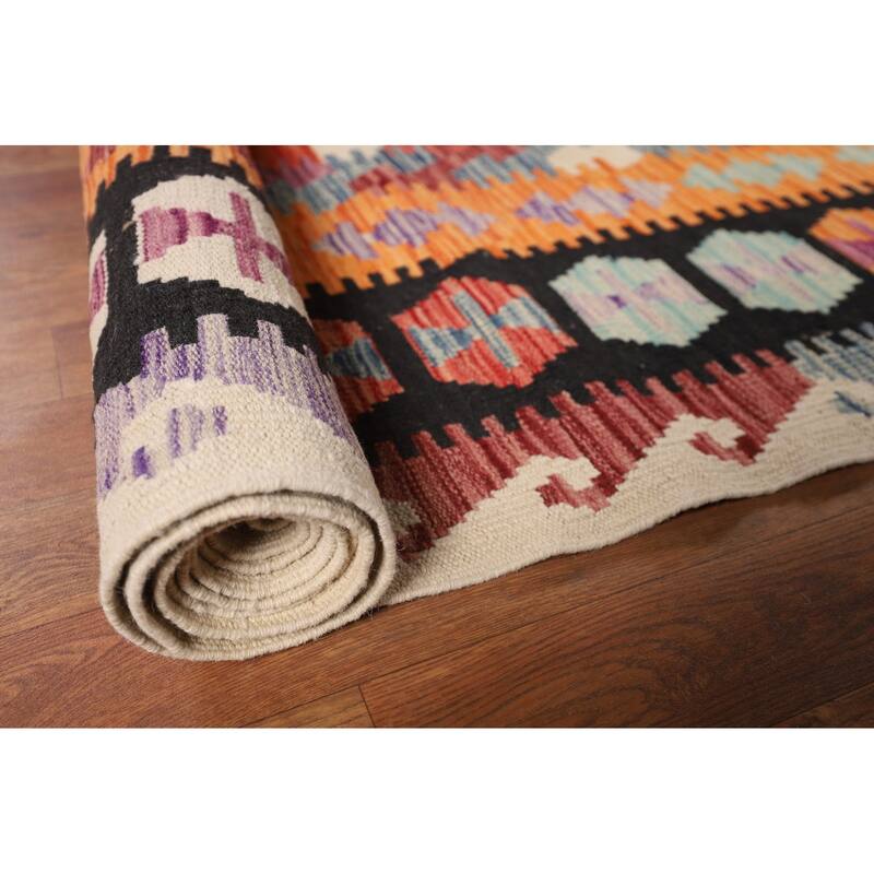 Orange Kilim Area Rug Hand-Woven Reversible Wool Carpet - 8'5" x 11'5"