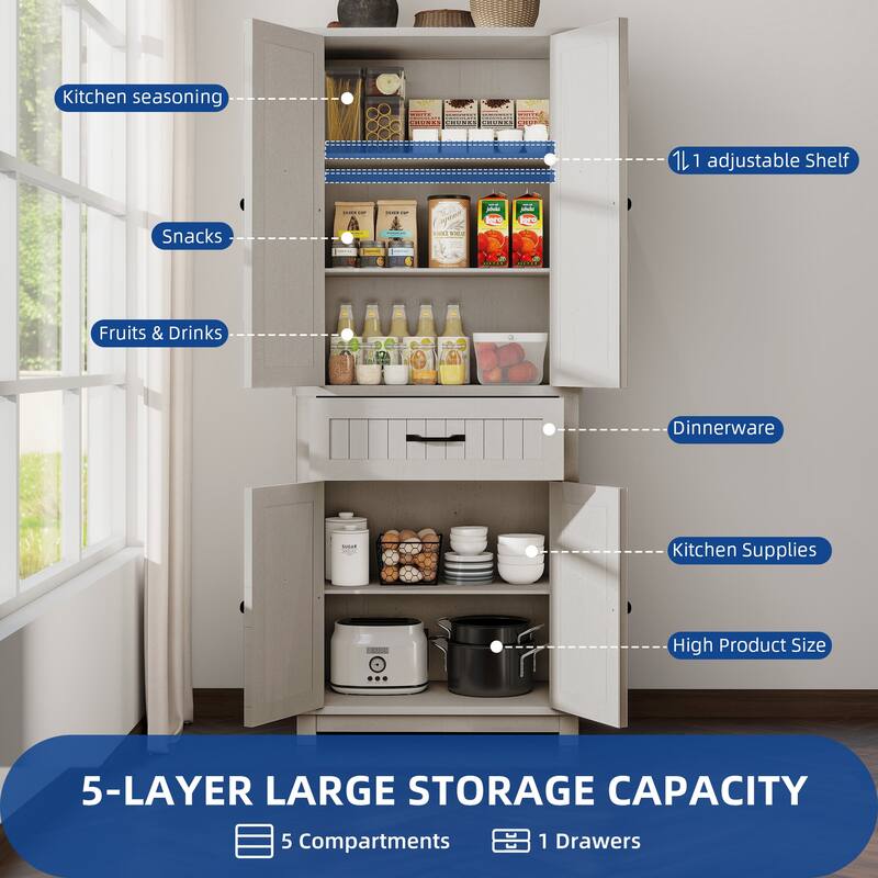 Moasis 72" Tall Farmhouse Kitchen Pantry Storage Cabinet with Drawer and Adjustable Shelves