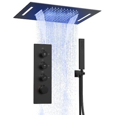 Thermostatic Shower System with LED Rainfall & Waterfall Head, with High Pressure Handheld Shower, Smart Remote Control