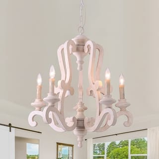 5-Light White Wood Vintage European Style Chandelier French Country Adjustable Pendant Lighting - N/A