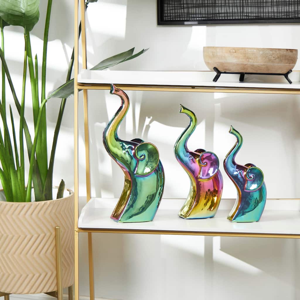 Multi Colored Ceramic Elephant Decorative Sculpture with Rainbow Shimmer Finish (Set of 3)