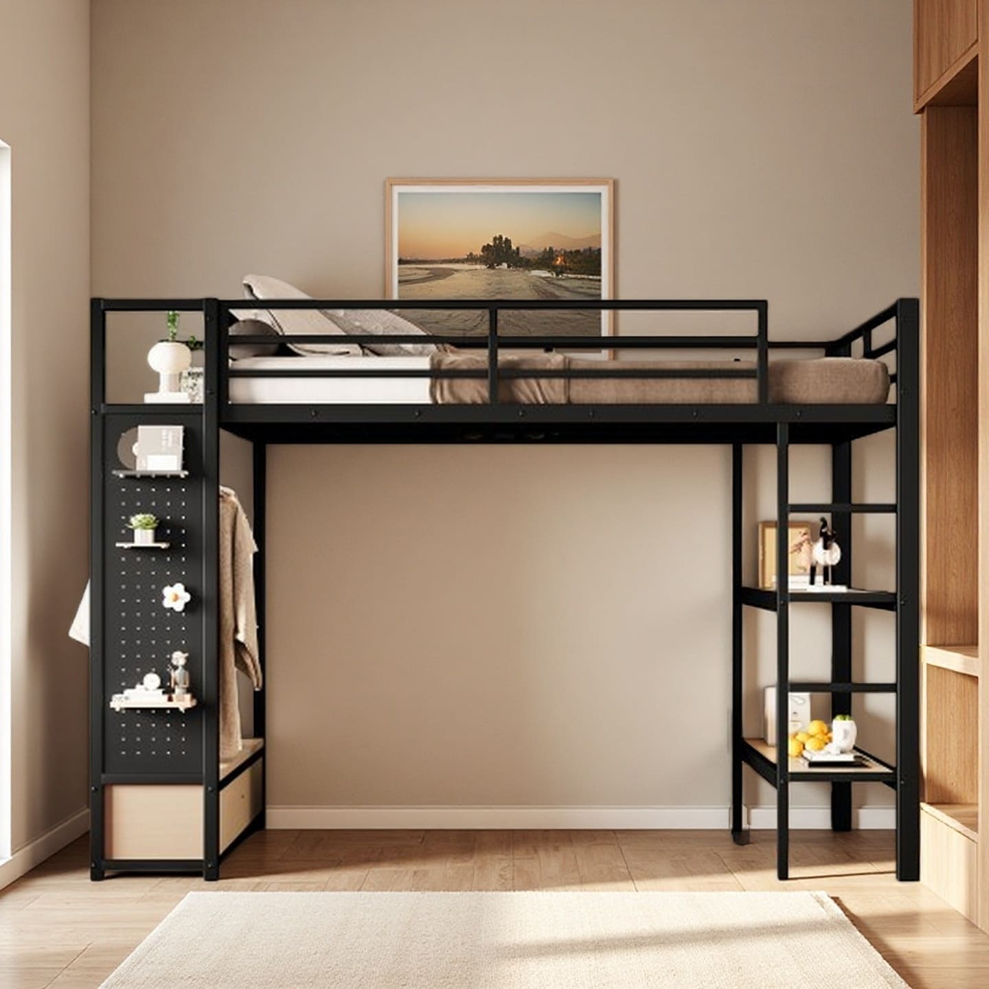 Queen Metal Loft Bed with Wardrobe, Shelves, Pegboard & Full Guardrails, Space-Saving Storage Loft
