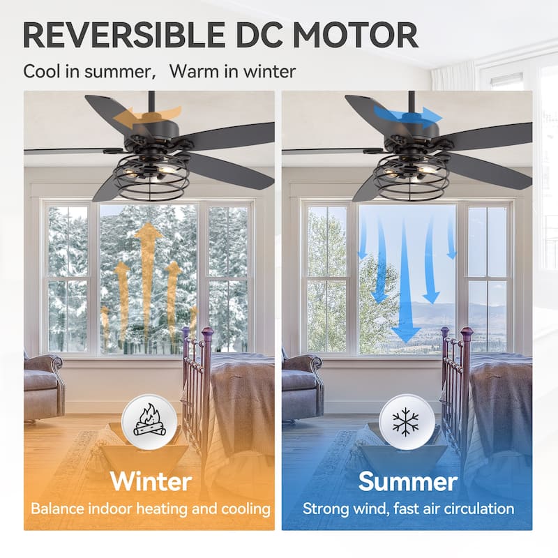 52" Industrial Reversible Wood 5-Blade Black Ceiling Fan with Light and Remote