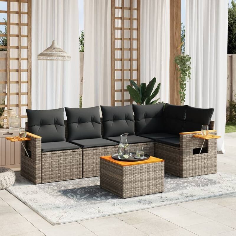 vidaXL Patio Sofa Set with Cushions Outdoor Conversation Furniture Poly Rattan - Grey with table - 21.7 x 21.7 x 14.6 in