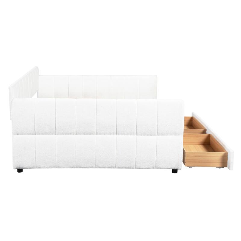 Queen Upholstered Platform Bed Frame with Lambswool Fabric, USB Charging Port, Side Storage Drawers, and Armrest Design