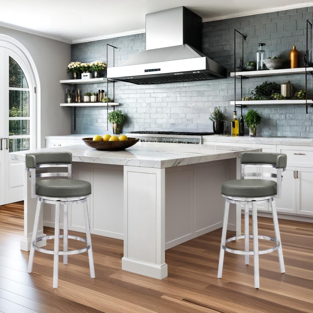 Armen Living Madrid Modern Swivel Bar Stool, Upholstered Counter Height Chair with Metal Frame