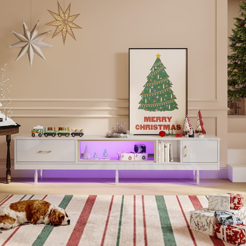 High Gloss LED TV Stands Modern Entertainment Center for 85" TV with Drawer - 80 inches