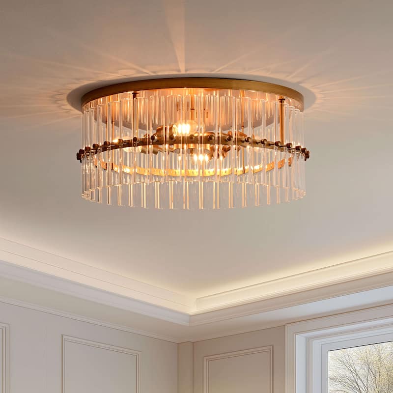 Casandra 18.7" 4-Light Hollow Half-cut Glass Drum Flush Mount - Brushed Brass