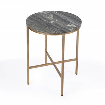 23" Round Grey Marble Top and Brass End Table with Distressed Finish and Iron Frame for Bedroom - 22.75"H x 18.25"W x 18.25"L