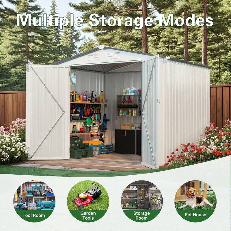 8X6 FT Metal Outdoor Storage Shed, Tool Shed with Pitched Roof Waterproof with Side Window and Lockable Door