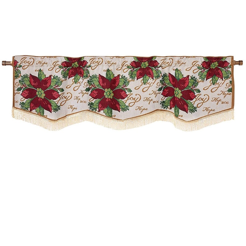Violet Linen Decorative Christmas Holiday Pattern Tapestry, 60" x 15", Straight, Rod Pocket Curtain Valance - Poinsettias Script Design