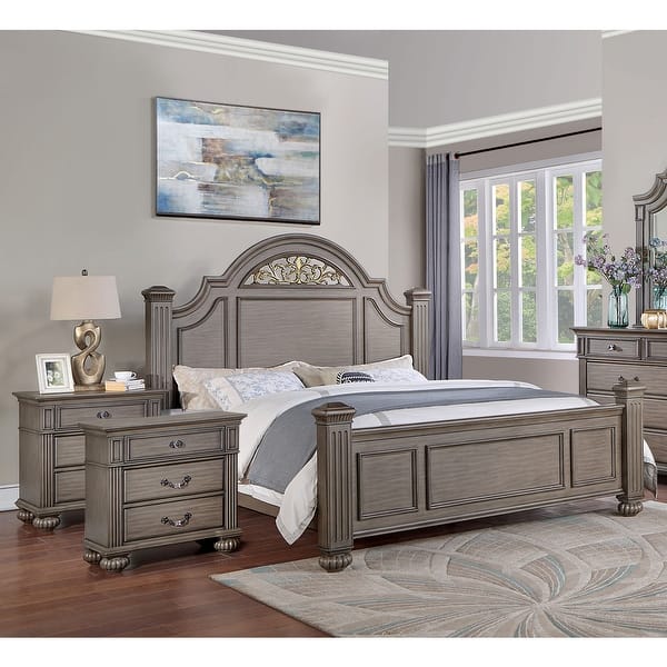 slide 2 of 15, Vame 3-Piece Traditional Grey Wood Poster Bedroom Set With Two Nightstands by Furniture of America California King