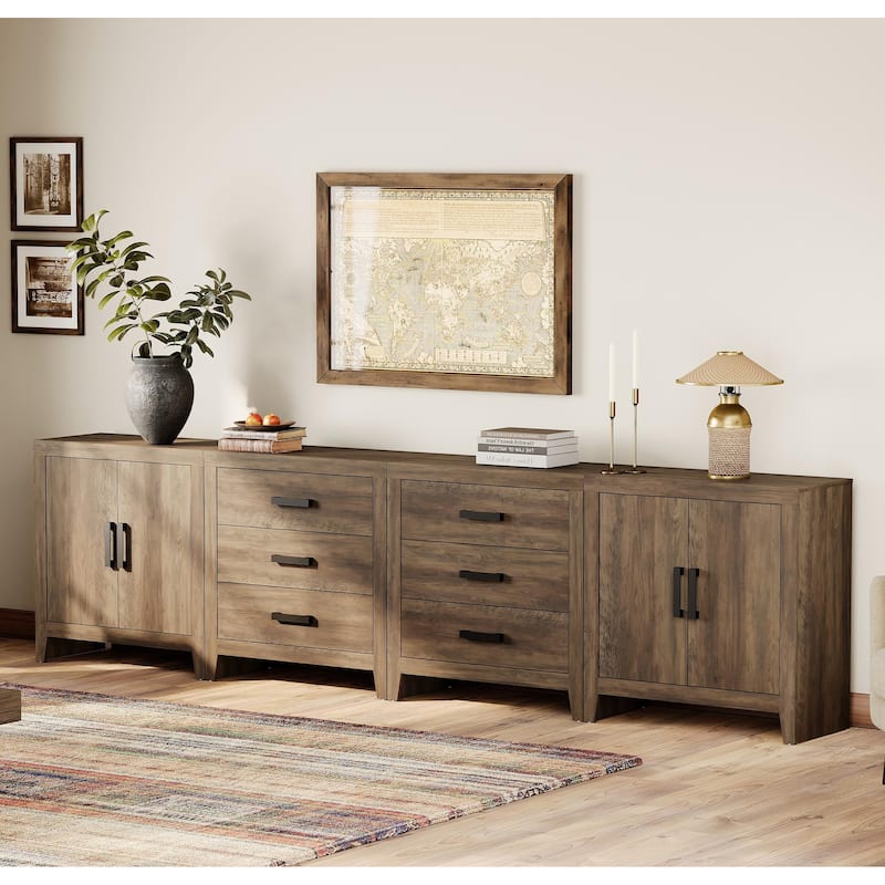 WAMPAT Extra Wide 126" Modern Farmhouse TV Stand，Wood Media Console with 6 Drawers & 2 Double Door Cabinets