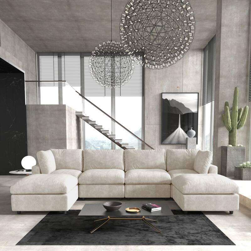 Minimalist U-shaped Upholstered Sofa 4-Seater Chenille Modular Sectional Couch with 2 Ottoman - Beige