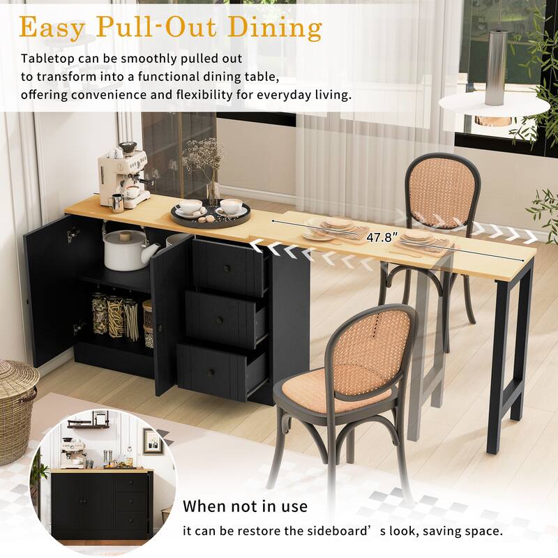 89.7" Wooden Sideboard Buffet Cabinet with Extendable Table, 2 Doors, 3 Drawers, Adjustable Shelf for Kitchen or Living Room