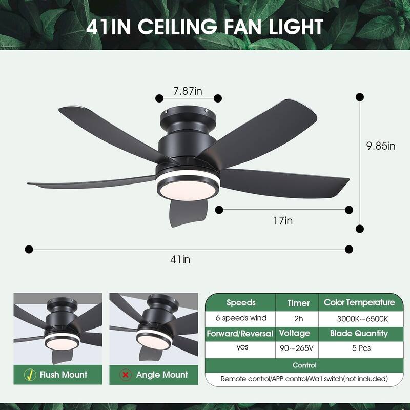 41 Inches Ceiling Fan with Light,5 ABS Blades,Flush Mount Low Profile Ceiling Fan with LED Light and Remote - 41 Inches