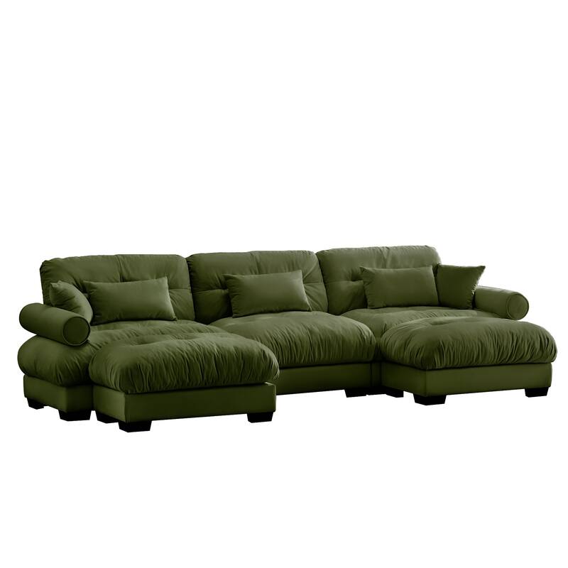 GDFStudio - Thalassia Velvet 3-Seater Sofa and Dual Movable Ottomans With Pillows