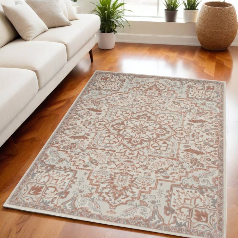 Kenu Power Loomed Floral Traditional Non Skid Low Pile Area Rug By HomeRoots - 87' X '63' X '0.25 - 87' X '63' X '0.25 - Light Taupe - Rectangle