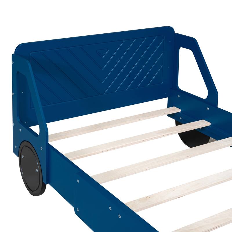 Twin Size Car-Shaped Platform Bed with Wheels in Blue, Sturdy and Safe Design