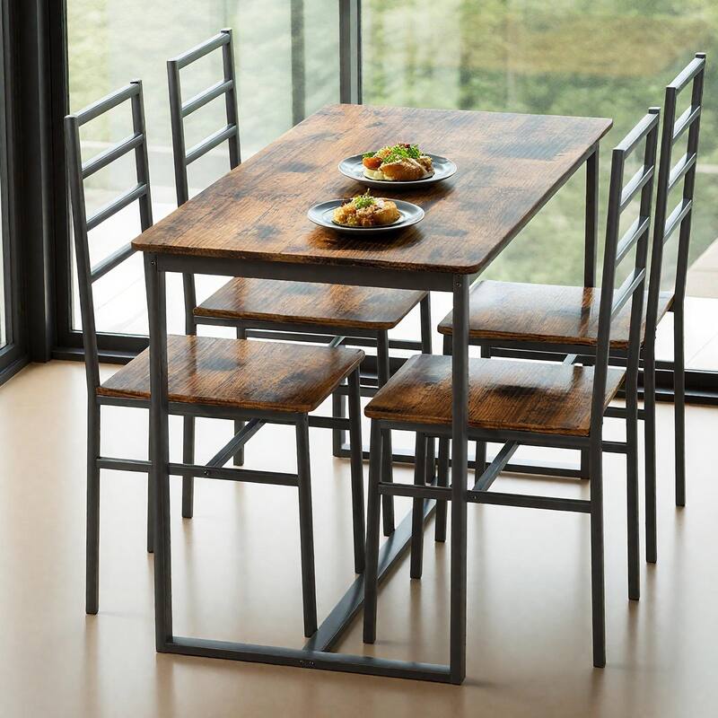 5-Piece Dining Set for 4, Minimalist Dining Table Coffee Table Side Table with Iron Legs, Dark Walnut