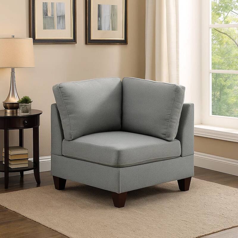Remy 32 Inch Modular Corner Sofa Chair, Soft Gray Chenille, Solid Wood