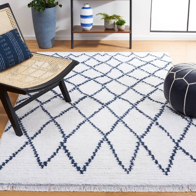 SAFAVIEH Augustine Kusum Boho Trellis Fringe Rug - 5' x 7'7" - Ivory/Navy