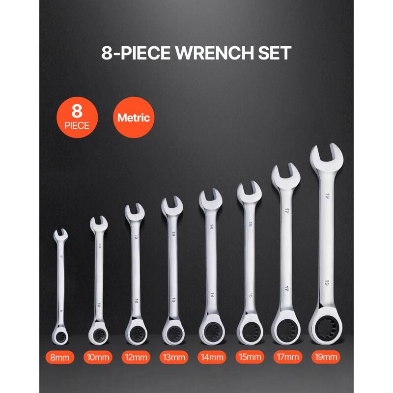 8-Piece Chrome Vanadium Steel Combination Wrench Set with Organizer Rack - 9.3 x 8 x 1.5 in