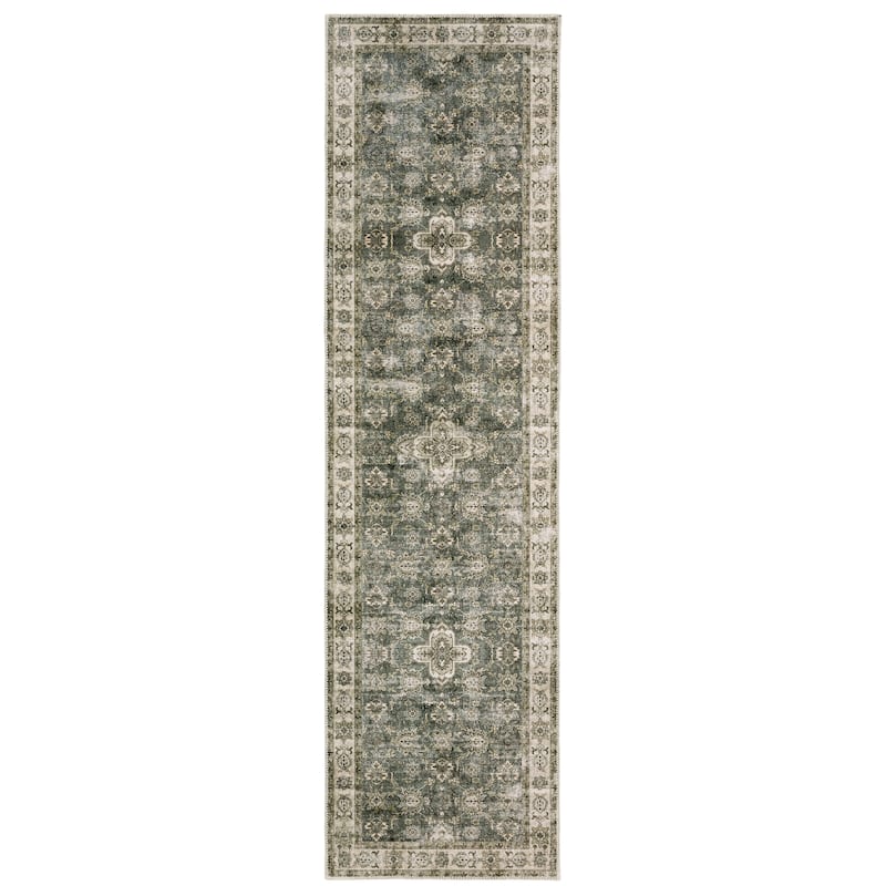 Style Haven Marissa Washable Vintage Oriental Olive/ Beige Area Rug Mat - 2' x 8'