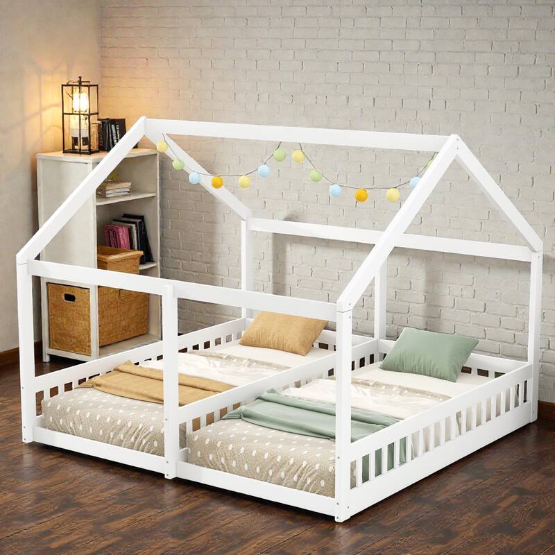 Twin House Platform Bed with Two Shared Beds, Side by Side Kids Bed with Guardrails, No Box Spring - White - Twin