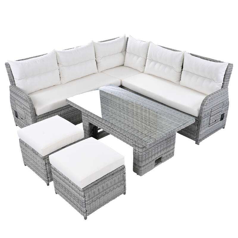 Outdoor Rattan Furniture Set with Extendable Table and Two Ottomans