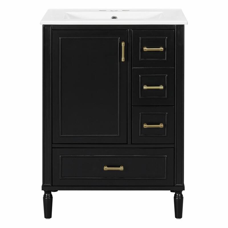 24" Modern Bathroom Vanity with Ceramic Sink, Soft-Close Door, 3 Drawers, Gold Handles & Door Rack