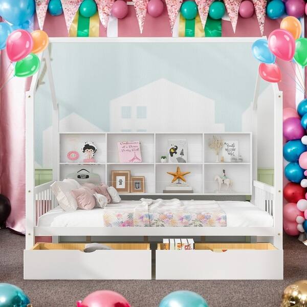 slide 2 of 24, Modern Full Size House Bed Kids Bed with 2 Drawers and Storage Shelf,Solid Construction White
