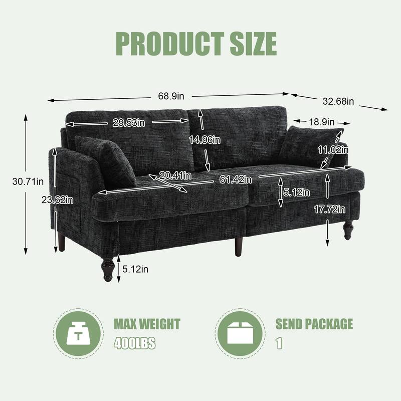 Modern Style Chenille 2-Seater Wood-Legged Sofa With Led Light,USB Charging Port And Storage Bag Living Room Bedroom Study Room