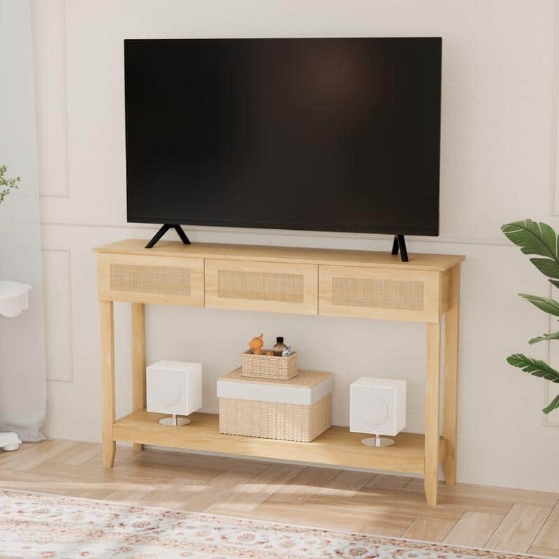 VINGLI Natural Wood Color 2-Layer 3-Drawer MDF Wicker Surface Entry Table