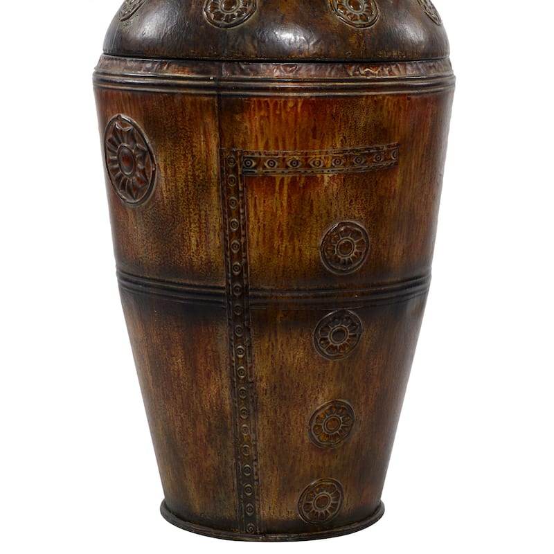 Brown Metal Indoor Outdoor Large Decorative Vase with Floral Relief (Set of 2)