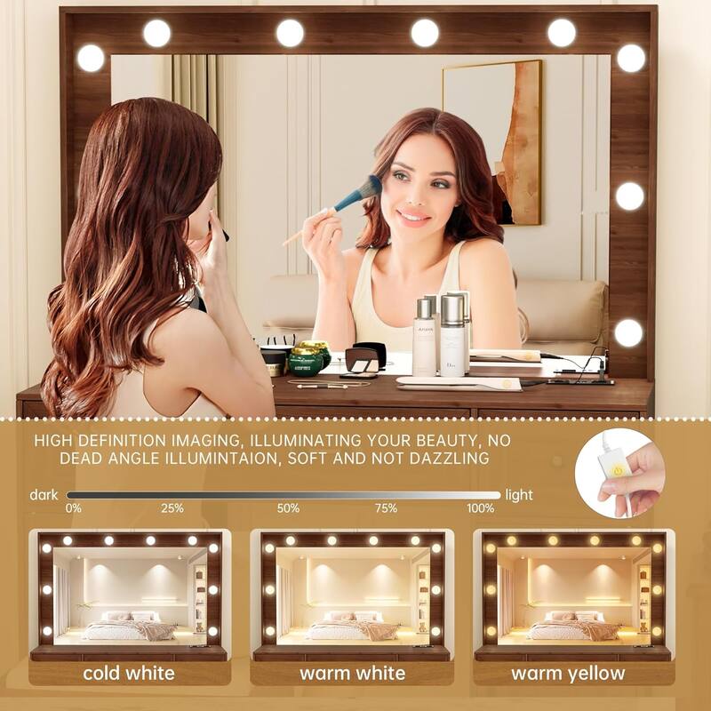 43.3'' Wide Makeup Vanity Dressing Table with Adjustable Lighted Mirror and Stool, Power Outlet