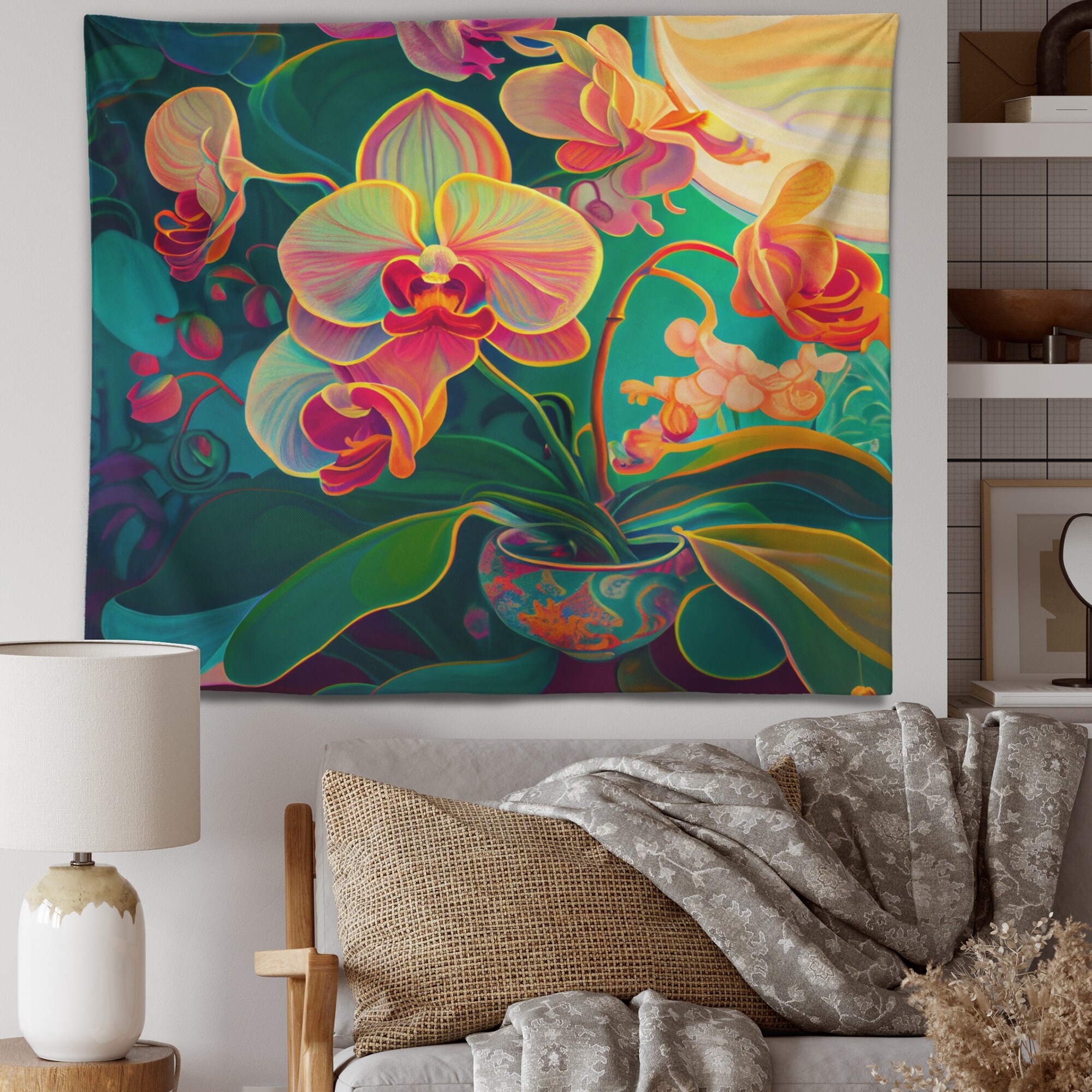 Designart Blossoming Orchid In Bright Retro Colors I Floral Orchid Wall Tapestry 60 in. x 50 in