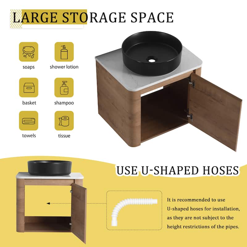 24'' Wall-Mounted Bathroom Vanity With Ceramic Art Sink & 1-Soft-Close Door,KD-Packing, Plywood