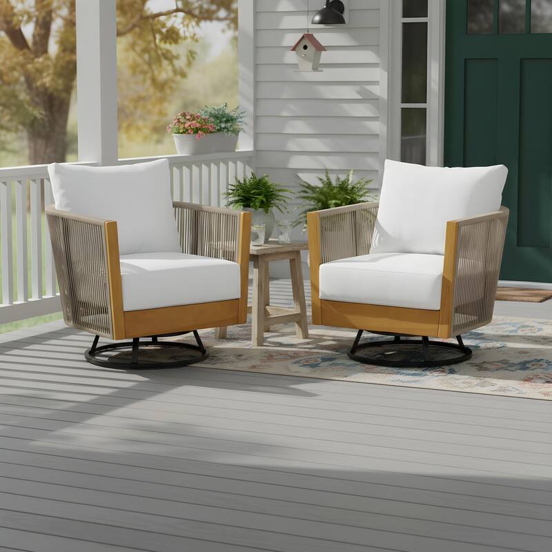 Christopher Knight Home - Modern 2-Piece Outdoor Acacia Wood Swivel Chair with Rope Design