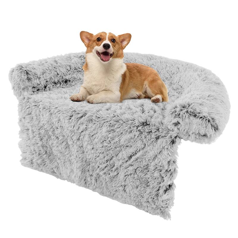 Costway Plush Calming Dog Couch Bed with Anti-Slip Bottom Plush Mat - Gray - Small