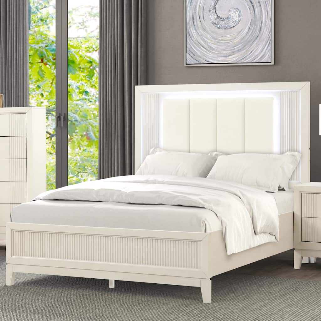 Furniture of America Irwin Antique White Solid Wood Panel Bed with LED Headboard