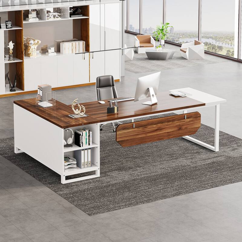 70.8'' Executive Desk with 55" File Cabinet, Large L-Shaped Office Computer Desk - White+Brown