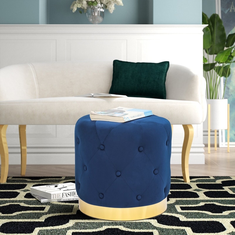 Small Round Velvet Ottoman Foot Rest Stool Footstool Seat Upholstered Padded with Gold Plating Base Navy