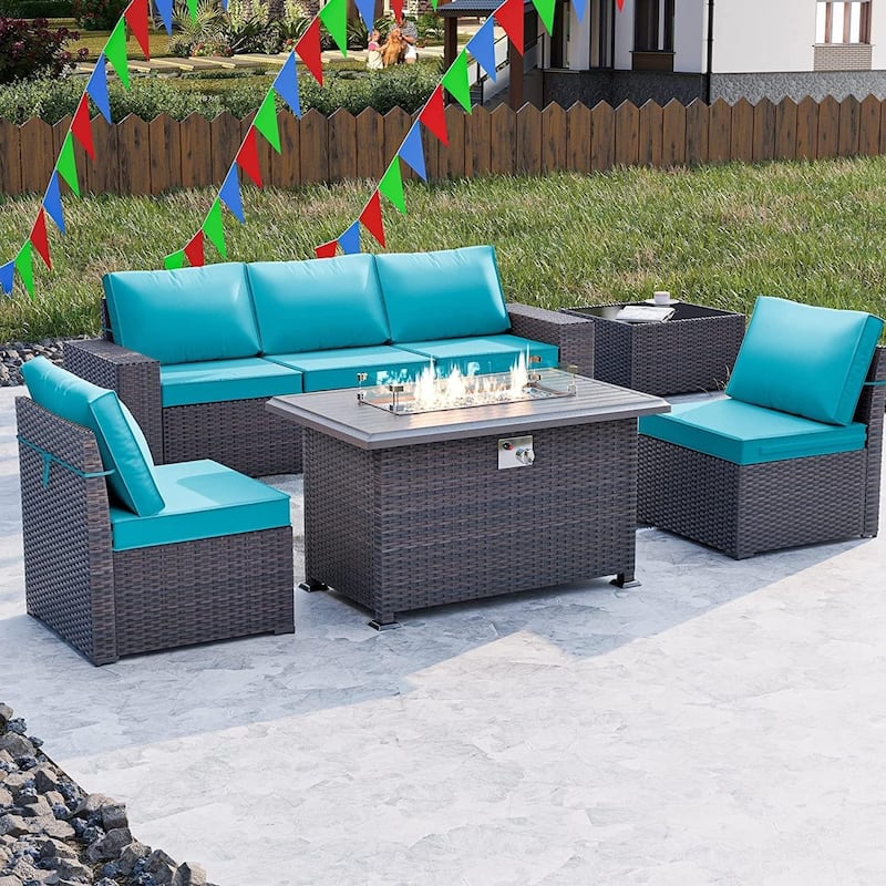 Outdoor Patio Furniture Set, All Weather PE Wicker Sectional Conversion Sofa set with Firepit(Optional)